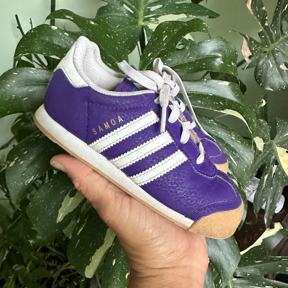 adidas Kids Purple and White Leather Sneakers with Gold Trefoil - Picture 4 of 7
